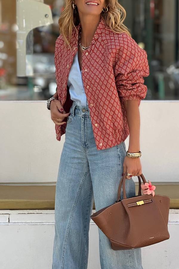 Red and brown paisley print cropped jacket with gold buttons