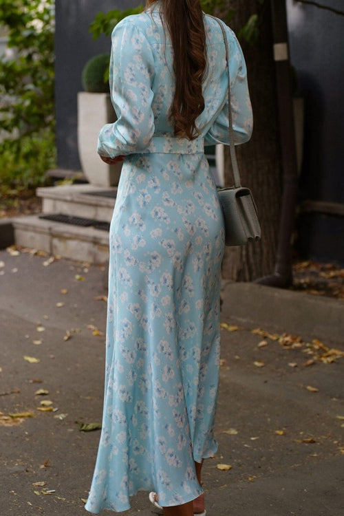 Satin Floral Collar Long Sleeve Floral Dress