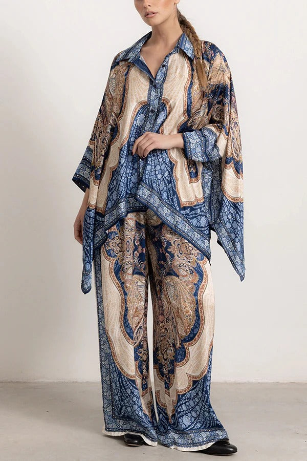 Julia Paisley Print Batwing Sleeve Irregular Hem Blouse and Elastic Waist Pocket Loose Pants Set
