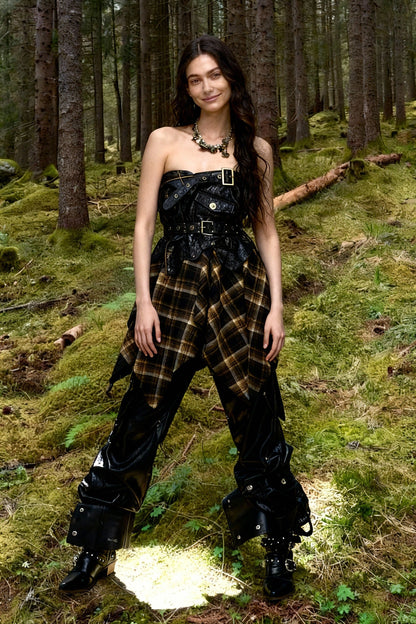 Grunge Faux Leather Plaid Midi Skirt