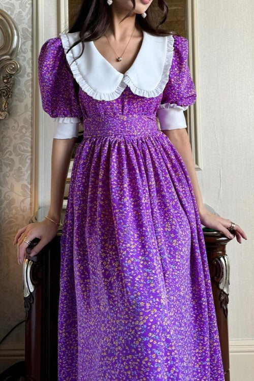 Doll Collar Short Sleeve Tie Waist Maxi Floral Dress
