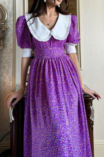 Doll Collar Short Sleeve Tie Waist Maxi Floral Dress
