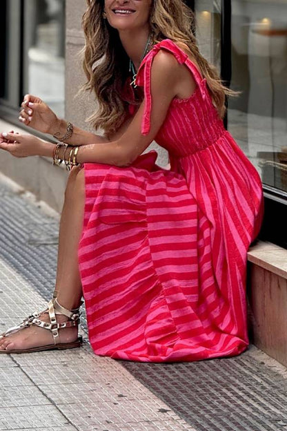 Dopamine Pink Stripe Tie Strap Smocked Maxi Vacation Dress