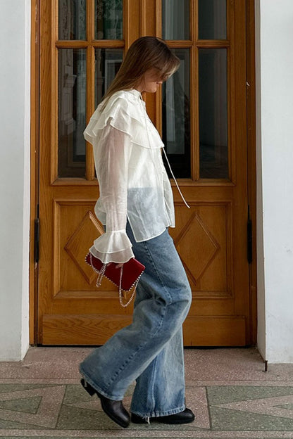 French Sheer Ruffle Blouse
