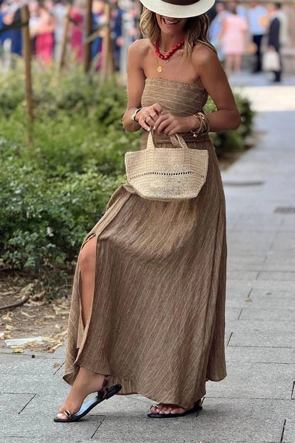 Retro Unique Striped Print Ruched Slit Linen Maxi Dress
