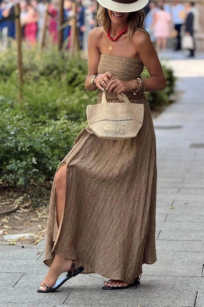 Retro Unique Striped Print Ruched Slit Linen Maxi Dress