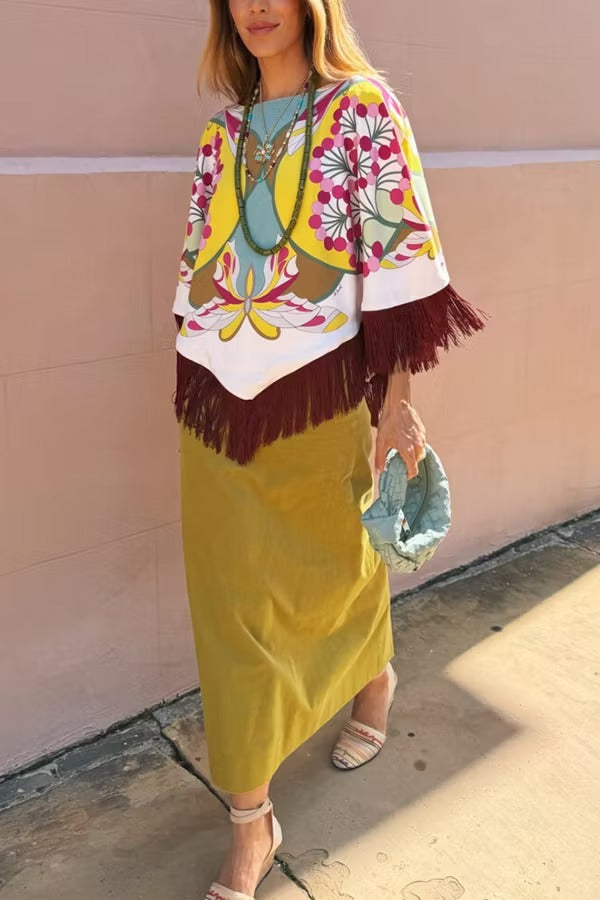 Boho Ethnic-style Floral Pattern Tassel Trim Loose Cape Top