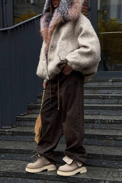 Short Hooded Wool Blend Coat With Large Fur Collar