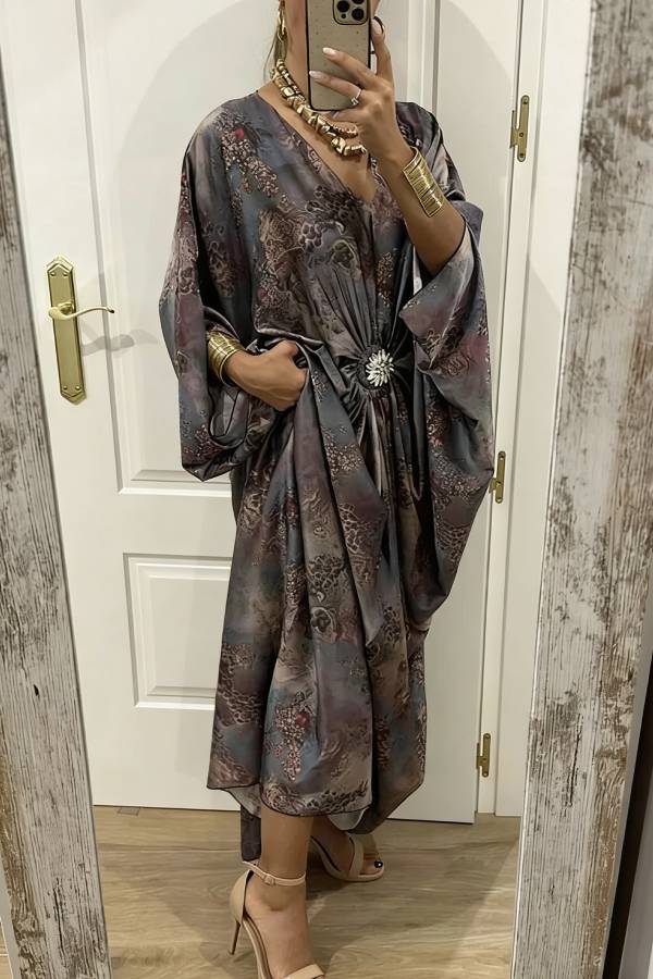 Airy Satin Unique Print V-neck Gemstone Embellished Drape Robe Maxi Dress