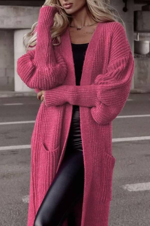 Lantern sleeve loose long knit cardigan