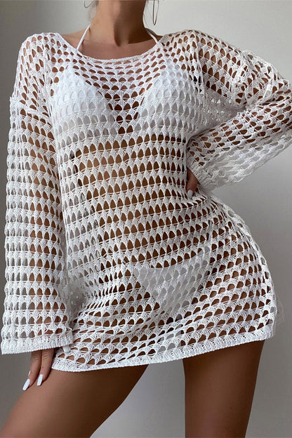 Hollow Out Knit Long Sleeve Cover Up