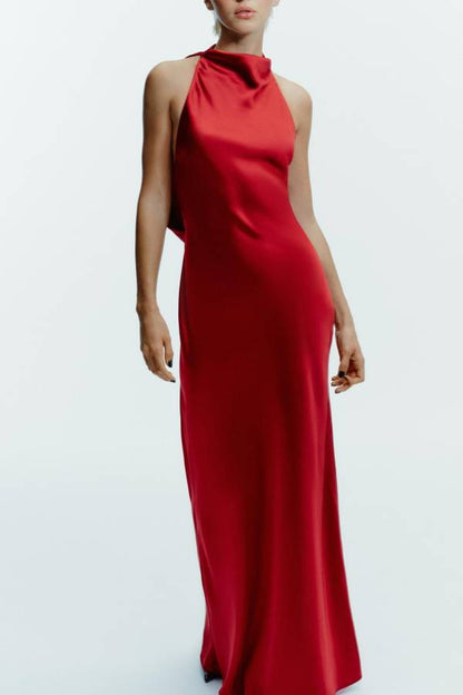 LONG SATIN HALTER DRESS