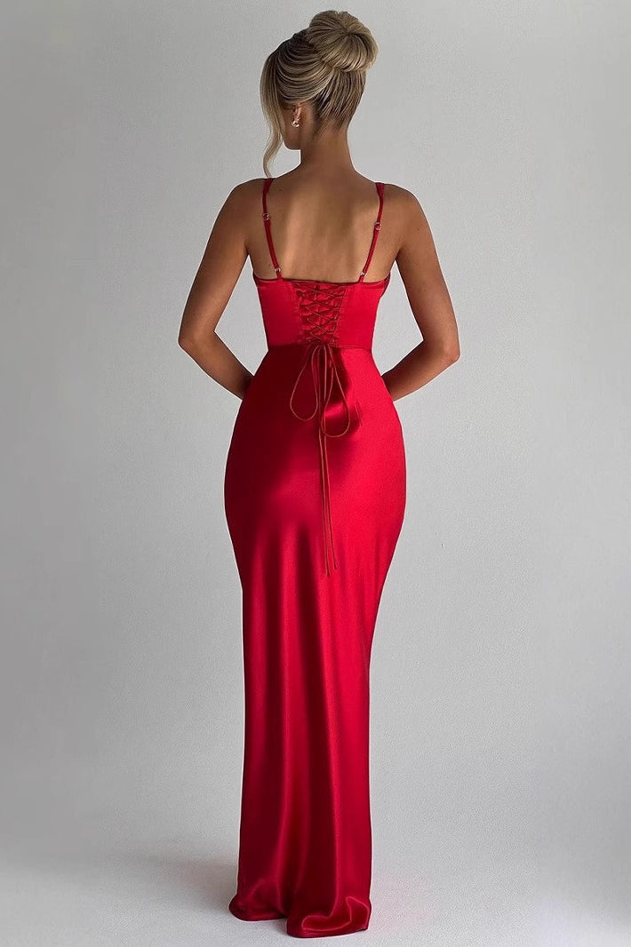 V-Neck Bone Structure Satin Backless Silk Dress