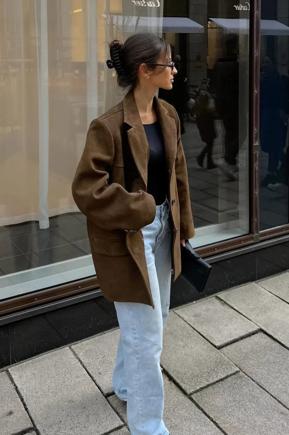 Brown Single-Breasted Suede Blazer