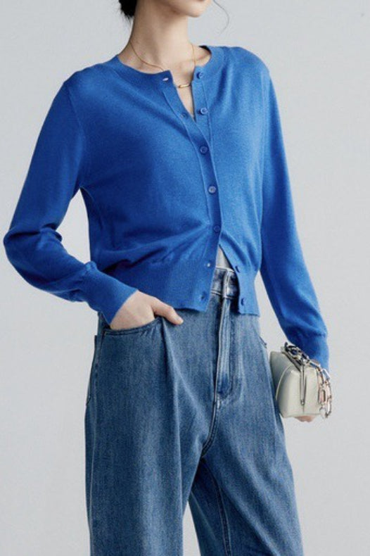 Solid Color Round Neck Knit Cardigan