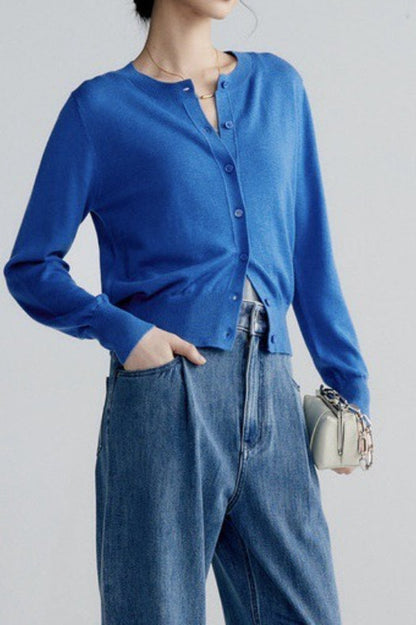 Solid Color Round Neck Knit Cardigan