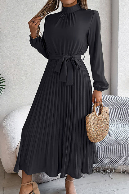 Mock Neck Lantern Sleeve Belted Pleated A-Line Midi Dress