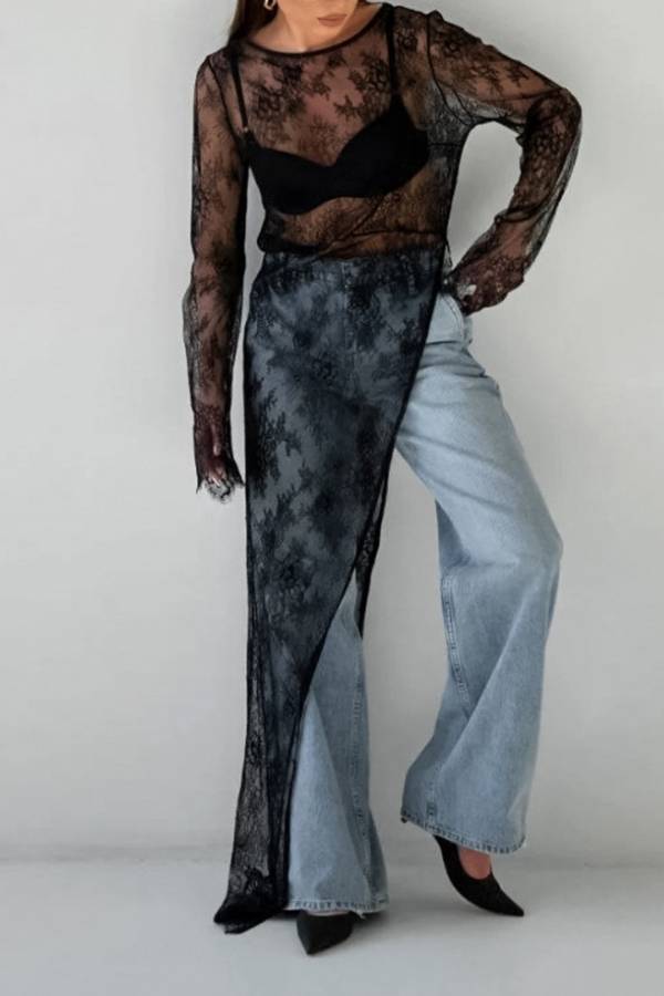 Sheer Lace Round Neck Slit Maxi Dress