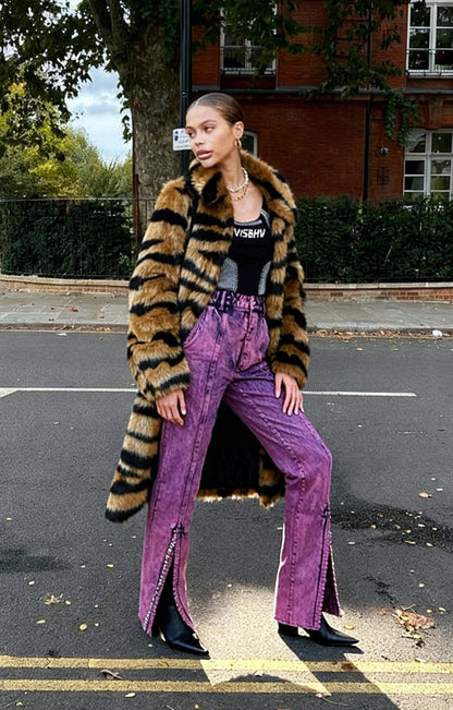 Faux Fur Tiger Striped Loose Overcoat