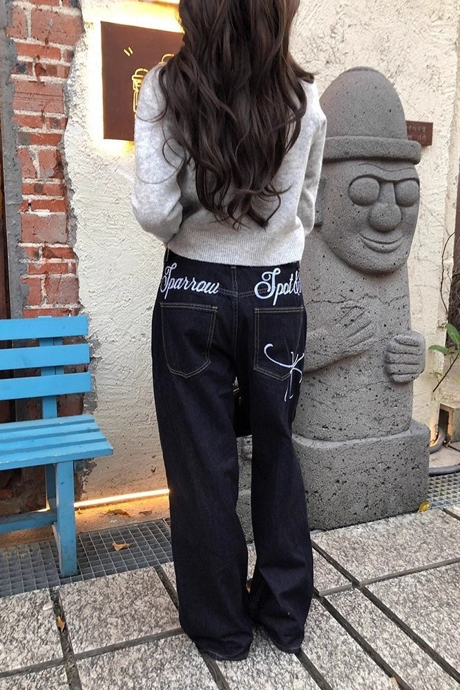 Letter Embroidery Straight Leg Jeans