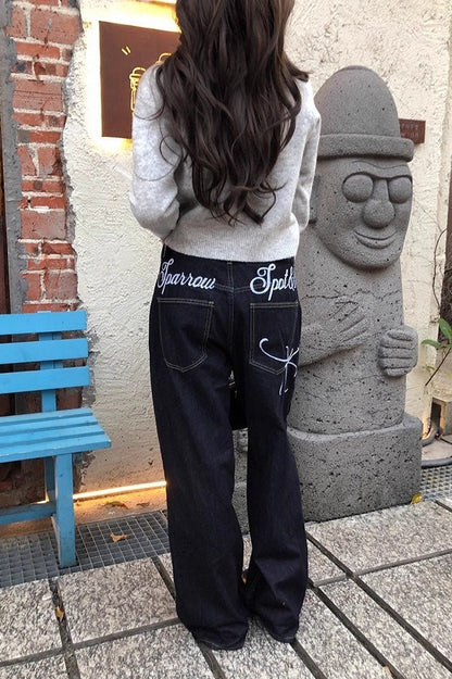 Letter Embroidery Straight Leg Jeans