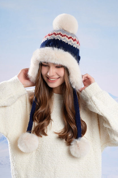 Faux Fur Fair Isle Knit Ear Flap Hat