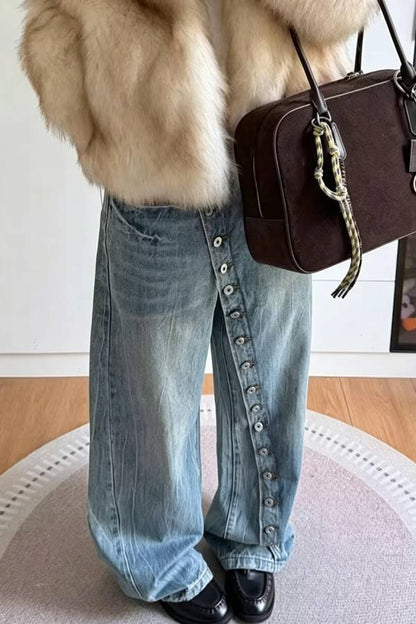 Diagonal Placket Button-down Jeans