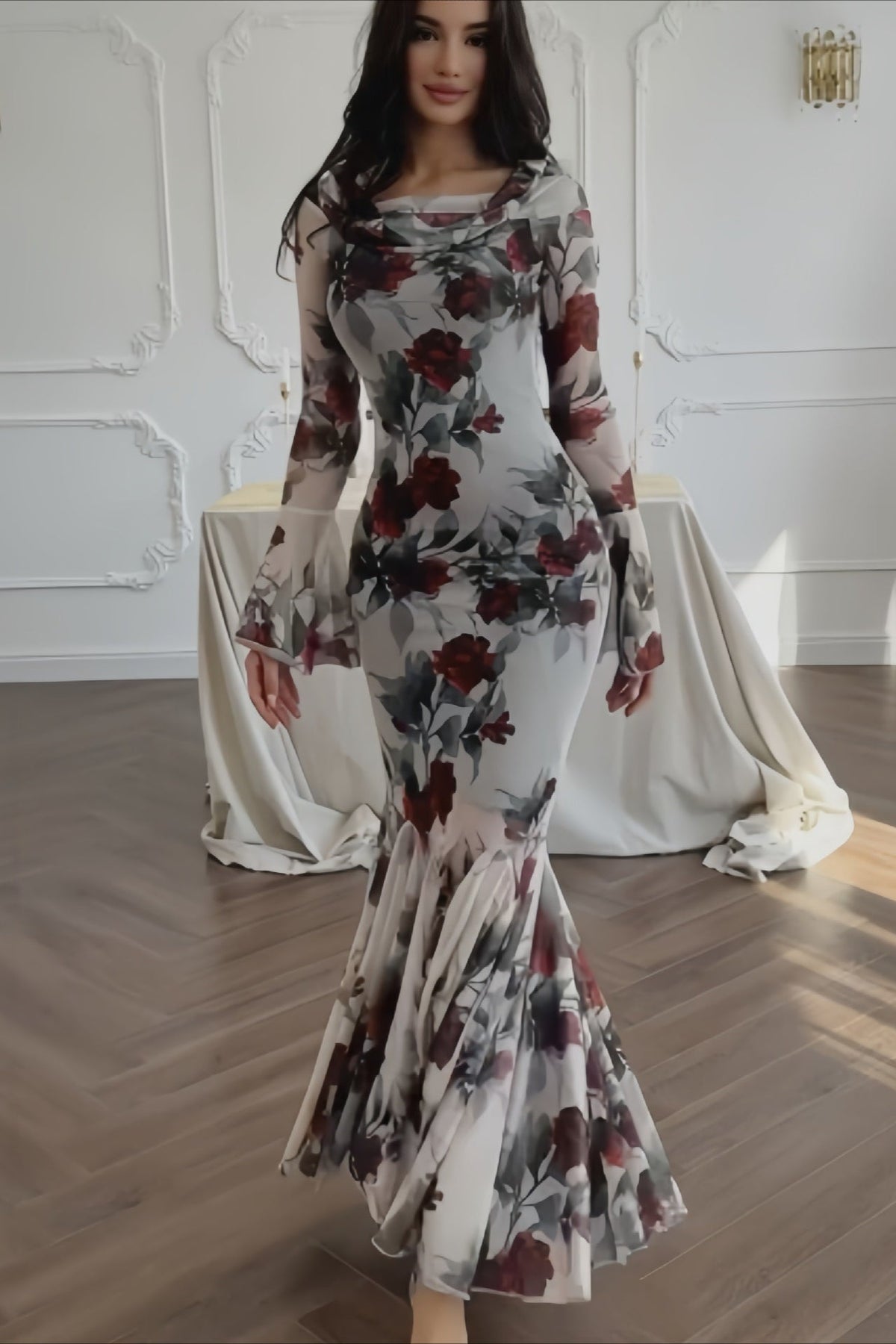 Elegant Long Sleeve Mermaid Rose Floral Dress