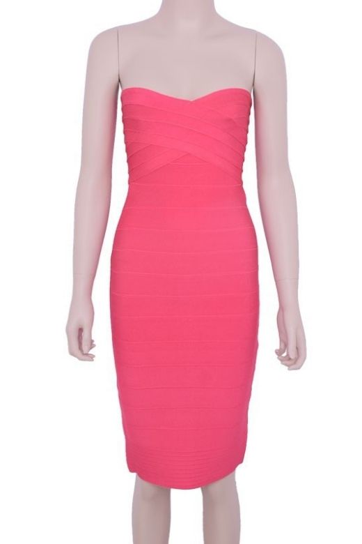 Hot Pink Bandage Strapless Criss Cross Sweetheart Midi Dress