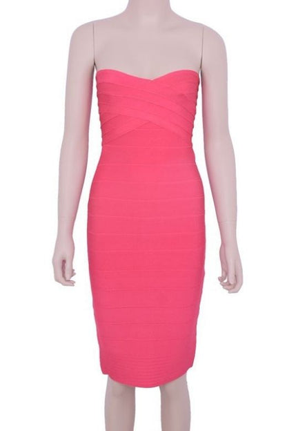 Hot Pink Bandage Strapless Criss Cross Sweetheart Midi Dress