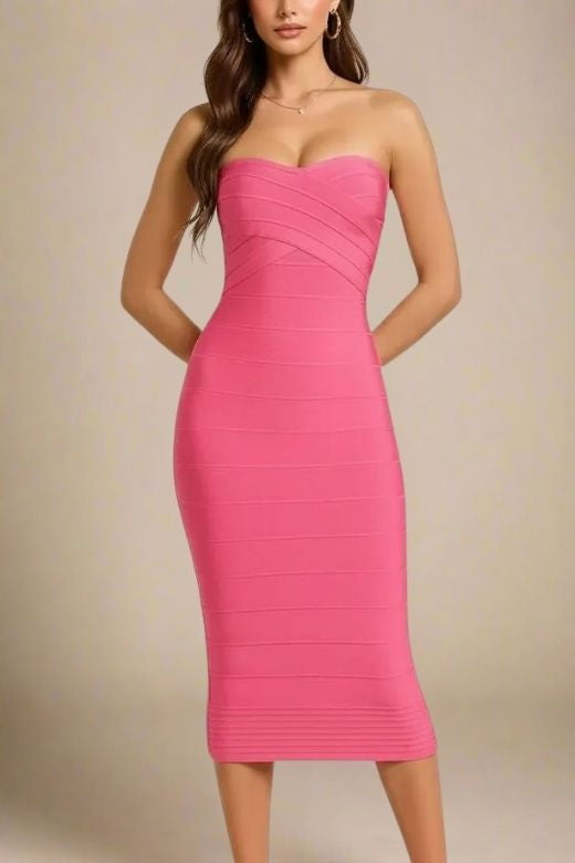 Hot Pink Bandage Strapless Criss Cross Sweetheart Midi Dress