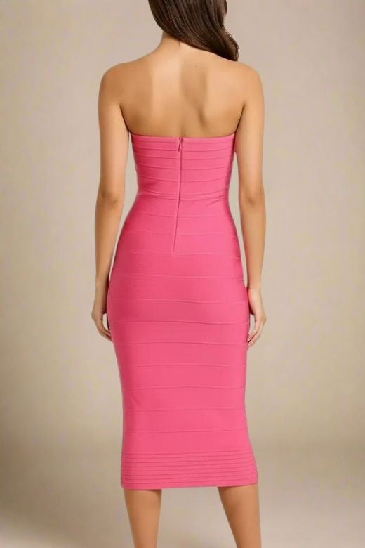 Hot Pink Bandage Strapless Criss Cross Sweetheart Midi Dress