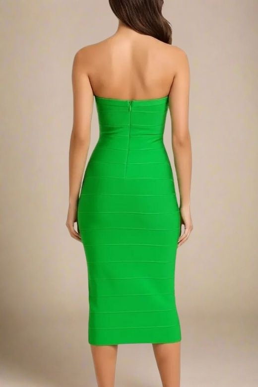 Neon Green Bandage Strapless Criss Cross Sweetheart Midi Dress