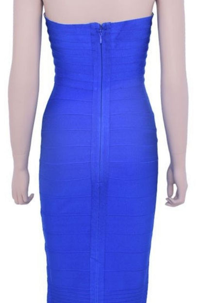 Royal Blue Strapless Sweetheart Criss Cross Bandage Bodycon Midi Dress