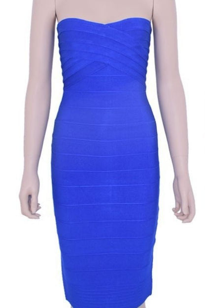 Royal Blue Bandage Strapless Criss Cross Sweetheart Midi Dress