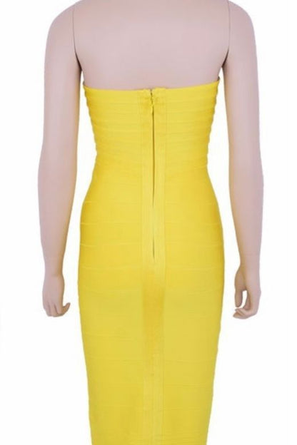 Sun Yellow Bandage Strapless Criss Cross Sweetheart Midi Dress