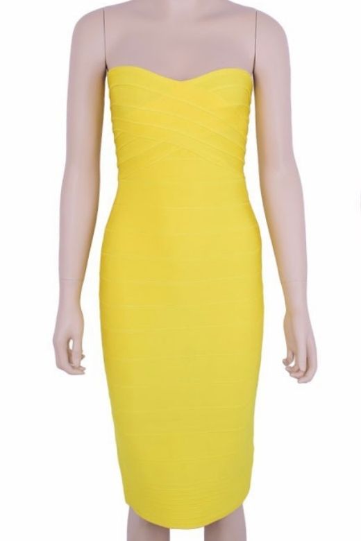 Sun Yellow Strapless Sweetheart Criss Cross Bandage Bodycon Midi Dress