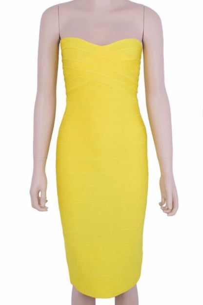Sun Yellow Strapless Sweetheart Criss Cross Bandage Bodycon Midi Dress