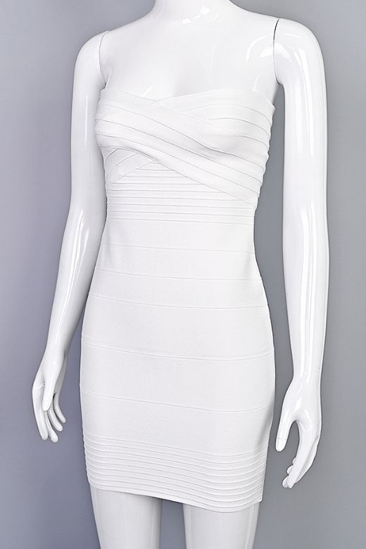 Pearl White Strapless Sweetheart Criss Cross Bandage Bodycon Mini Dress