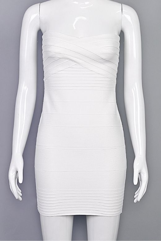 Pearl White Strapless Criss Cross Bandage Bodycon Mini Dress