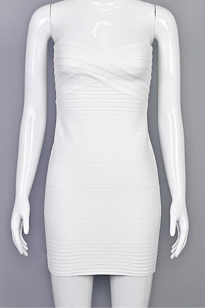 Pearl White Strapless Criss Cross Bandage Bodycon Mini Dress