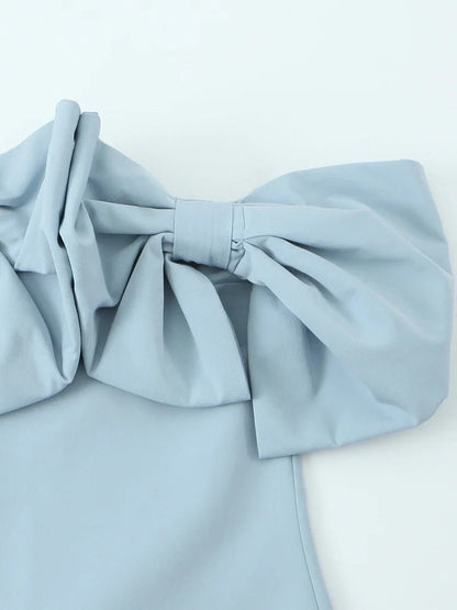Blue Off Shoulder Bow Detail Fit and Flare Mini Dress