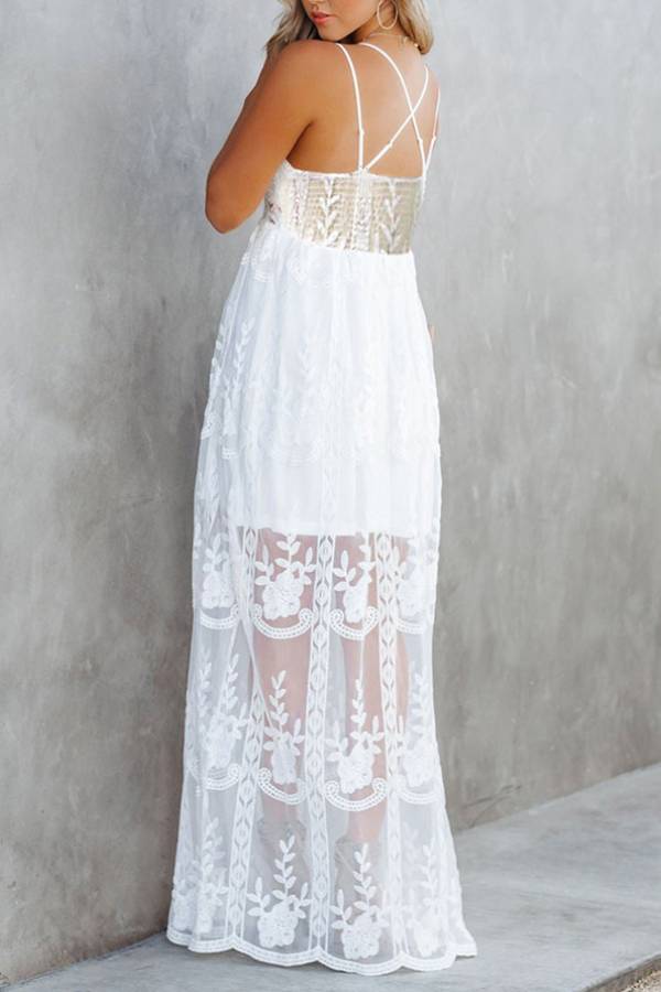 Spaghetti Strap Lace Embroidered Sheer Maxi Dress