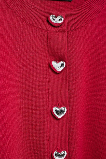Knit O-Neck Heart Button Sweater