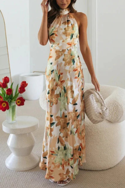 Floral Print Sleeveless Halter Neck Tie Holiday Maxi Dress