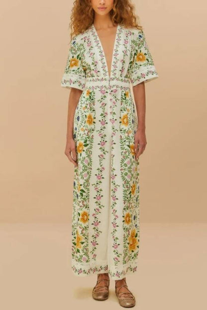 Natural Charm Linen Blend Floral Print Short Sleeve Pocketed Wide Leg Jumpsuit