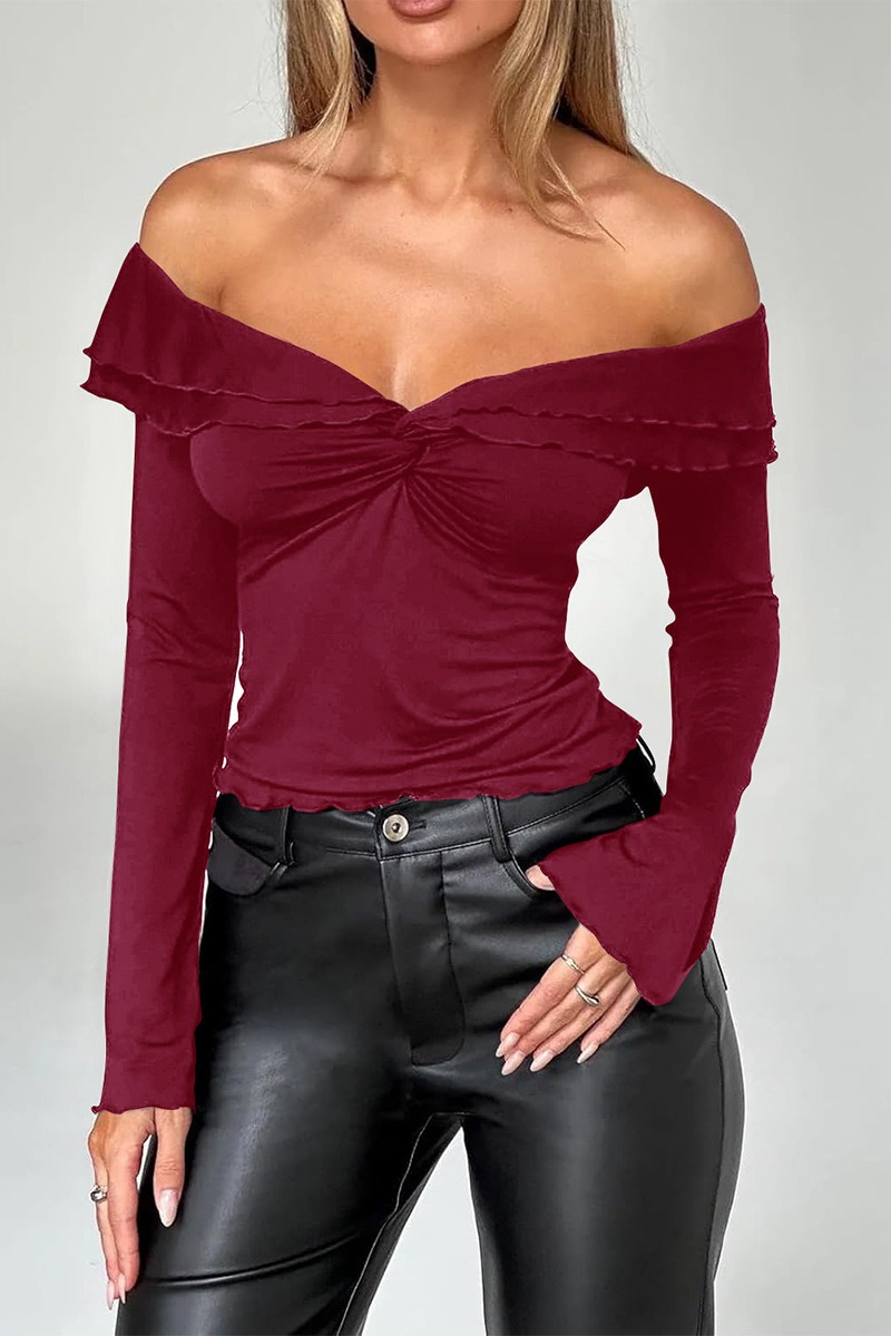 Y2K Off Shoulder Solid Knit Long Sleeve Crop Top
