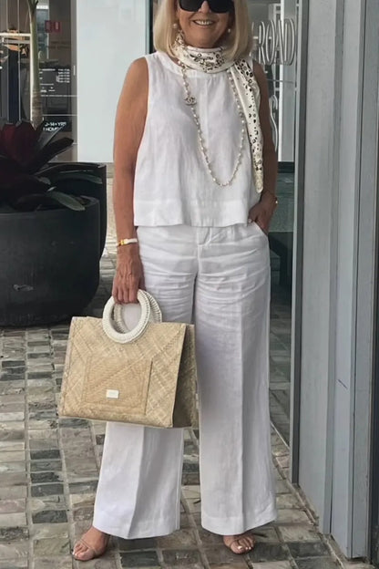 Cotton and Linen Sleeveless Top and Wide-Leg Pants Two-Piece Set