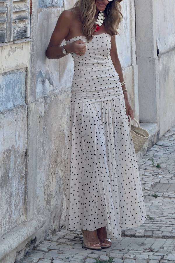 French Polka Dot Strapless Tulle Maxi Dress