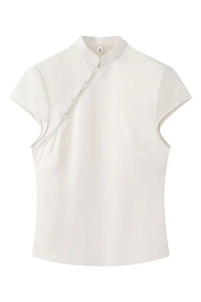 Aurelia Vintage-Inspired Side-Button Mandarin Blouse